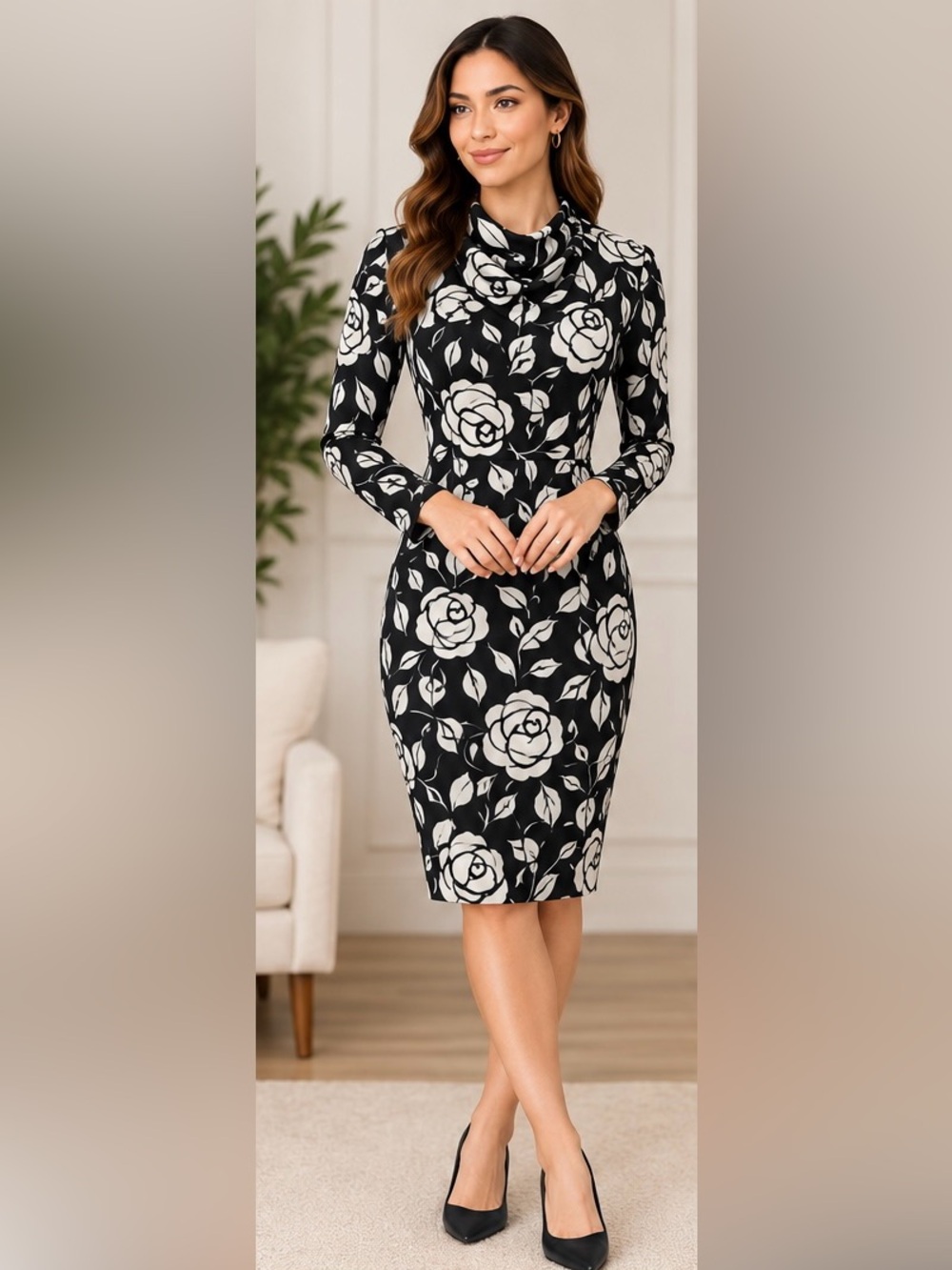Vintage Parienne Cowl Neck Long Sleeve Black & White Floral Midi Dress